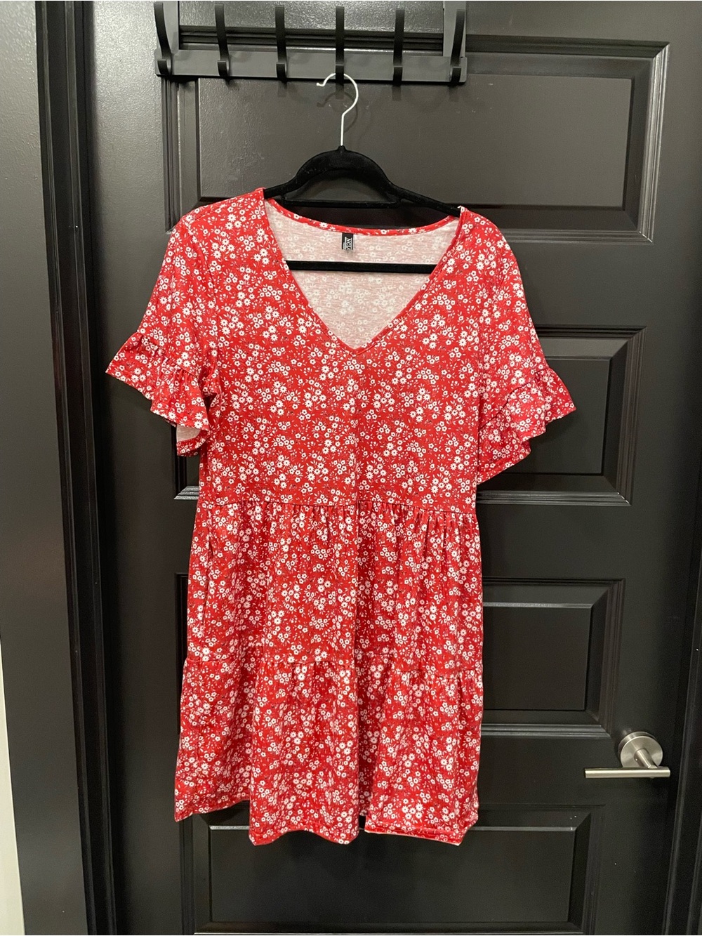 Amazon Red Floral V-Neck Ruffle Sleeve Dress